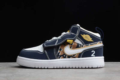 Cheap Sale Kids Air Jordan 1 Mid White/Navy Blue-Metallic Gold Shoes CN8607-004