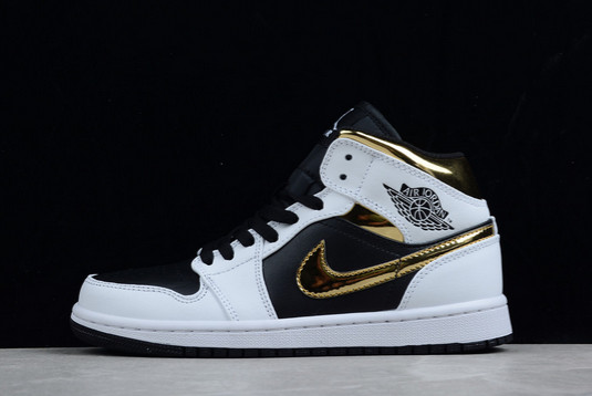 Best Selling Air Jordan 1 Mid White Black Gold Basketball Shoes 554724-190