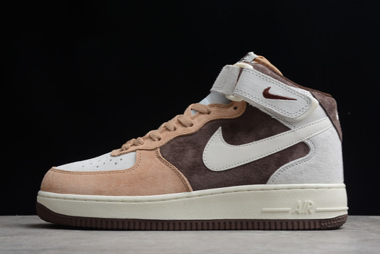 Hot Sale Nike Air Force 1 ’07 Mid AL6896-556 White/Khaki-Dark Brown-Grey